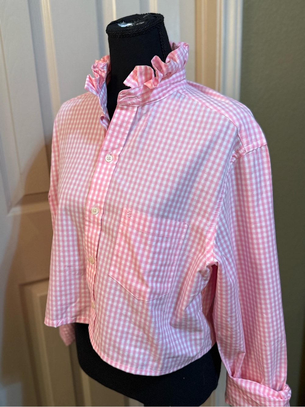 Upcycled Pink Gingham Button-Up Shirt with Ruffle Collar - Picture 2 of 9
